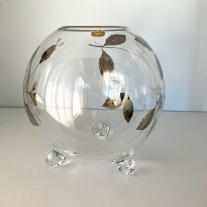 Vintage Bohemia Crystal Czechoslavkia Large Clear Rose Bowl Silver Leaf & Trim